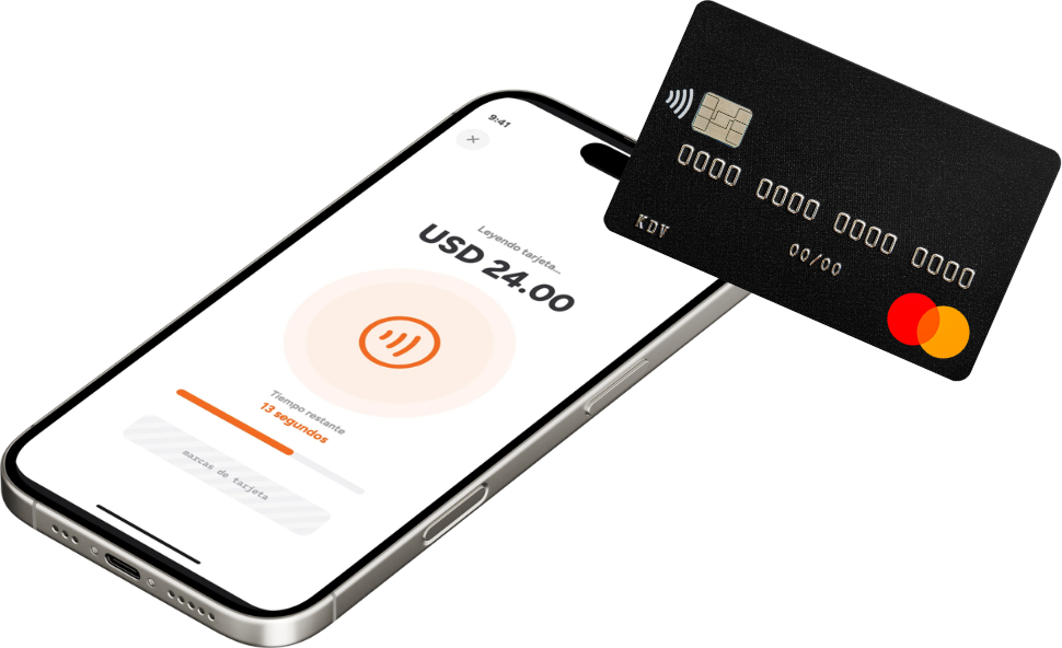 Un teléfono con la app Tap on Phone de Symbiotic y una tarjeta contactless acercándose