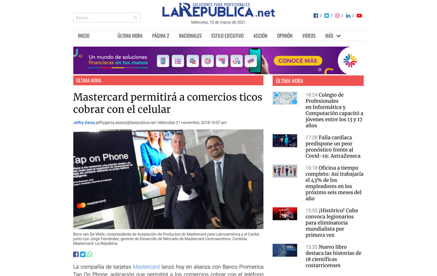 Mastercard will allow Costa Rican businesses to charge with their cell phone